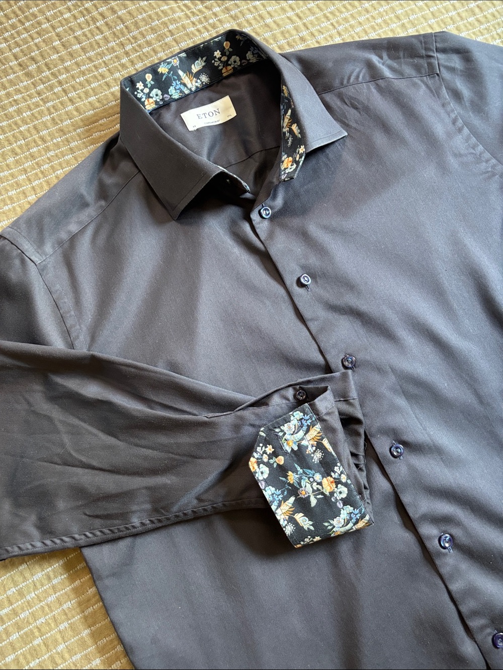 Eton Dark Charcoal Cotton Dress Shirt Floral Contrast Cuffs Collar Size 44 17.5